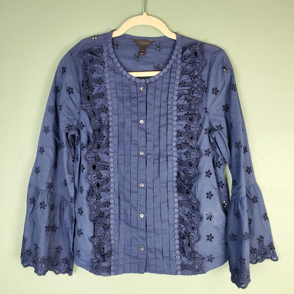 J. Crew Women's Blue Floral Eyelet Embroidered Ruffle Button Down Top Size 4